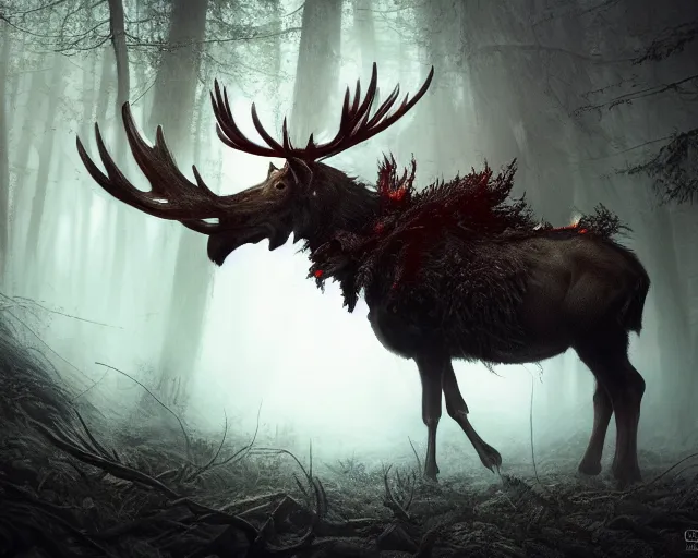 Image similar to 5 5 mm portrait photo of an armored demonic burning moose with red eyes antlers and looking at the camera, in a magical forest. magical atmosphere. art by greg rutkowski and luis royo. highly detailed 8 k. intricate. lifelike. soft light. nikon d 8 5 0.