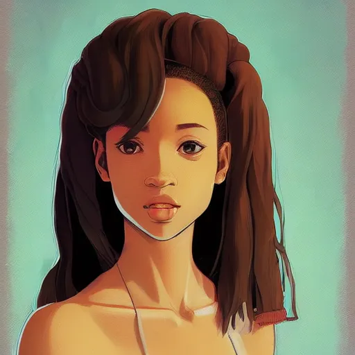 Image similar to a comic portrait of a teenager light - skin girl, afro hair, fine - face, realistic shaded perfect face, fine details, day setting. very anime style. realistic shaded lighting poster by ilya kuvshinov katsuhiro, magali villeneuve, artgerm, jeremy lipkin and michael garmash, rob rey and kentaro miura style, trending on art station