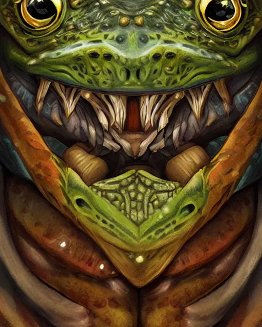 Prompt: digital painting of an aztec frog monster warrior by filipe pagliuso and justin gerard, symmetric, fantasy, detailed, intricate, portrait, sharp focus, tarot card, handsome, gwent