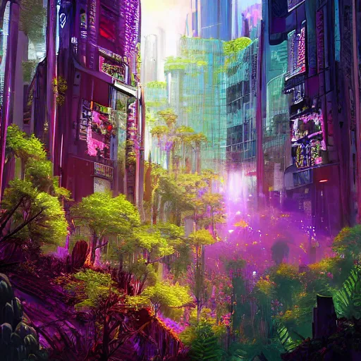 Image similar to forest and flower city, cyberpunk, futuristic, vivid colors, utopia by alayna danner and dang my linh