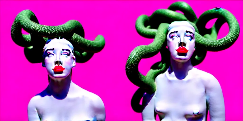 Image similar to modern sculpture, young woman as medusa as miranda sings, multiple poses, vaporwave, low resolution video from 2 0 0 3