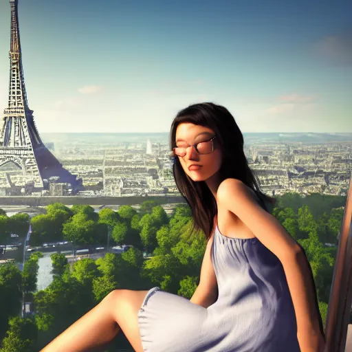 Image similar to A young beautiful giantess wearing a sundress sitting on the Eifel tower,her feet are visible ,detailed body and face, beautiful lighting,digital art , highly detailed , high contrast, beautiful lighting, award winning , trending on art station, 8k, photorealistic,unreal engine 5