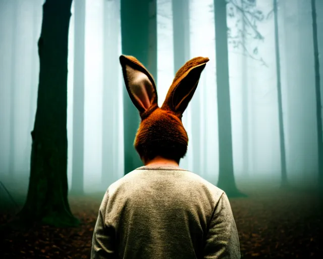 Image similar to a lomography photo of rumble between two human with rabbit head in foggy forest this morning, bokeh,