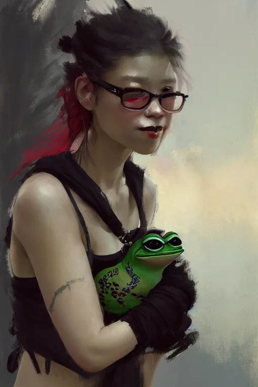 Image similar to portrait of a punk girl on a date with pepe! the frog! drinking coffee in the style of fenghua zhong and ruan jia and jeremy lipking and peter mohrbacher, extremely detailed digital painting, 8 k