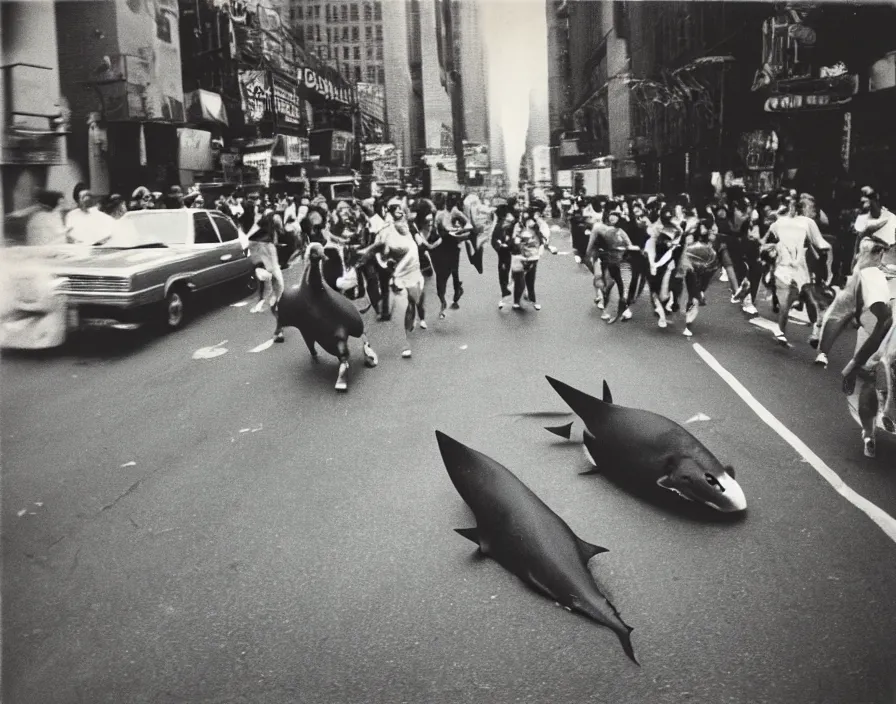 Image similar to a single huge shark with the legs of a hippo charging towards us down a new york city street, panic, people running, rioting, colour polaroid photo, 1980s