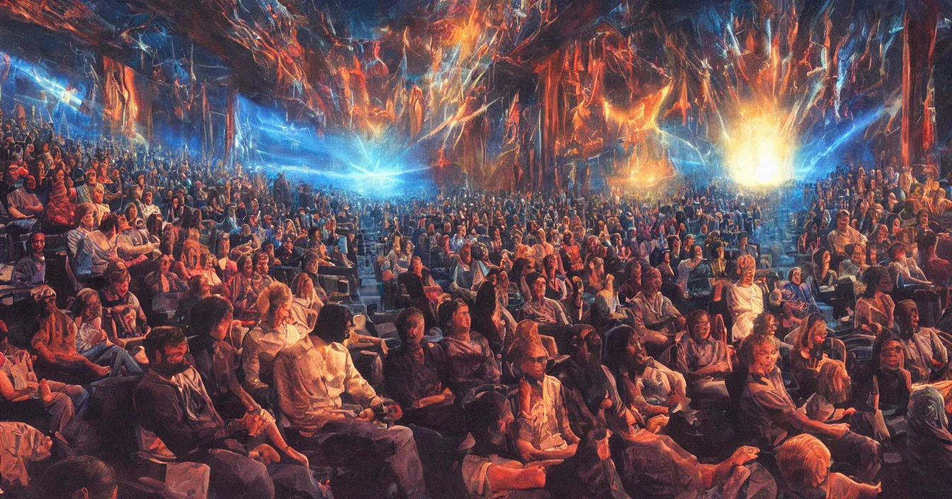 Prompt: rear view of the seated souls in the cinema trapped into illusion by watching volumetric light of consciousness projecting their lives in front of them on the big screen, realistic, deep sense of spirituality, visual plasticity, unreal engine quality, raytracing, vray shading, style of earl norem