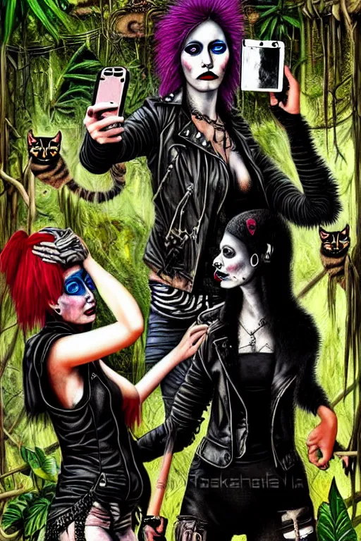 Prompt: punk rock girls making selfie with black cats in jungle , 1980 style, mad max jacket, post apocalyptic, renaissance, Gothic, highly detailed, digital painting, 4k, oil painting by Leonardo Da Vinci, hyper realistic style, fantasy by Olga Fedorova