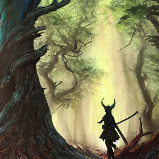 Image similar to painting of the silhouette of two elven warriors in the distance, standing on a big tree root in a deep giant forest, by kev walker, acrylic washes and colored pencils, brilliantly colored painting, fantasy, trending on artstation, intricate, 8 k