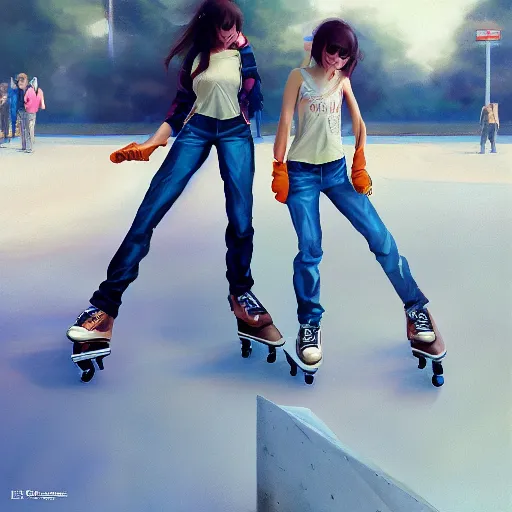 Prompt: 2 beautiful female twins at a skate park by ruan jia and mandy jurgens and artgerm and william - adolphe bouguerea, highly detailed, trending on artstation, award winning,