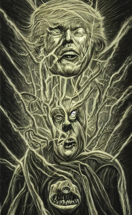 Prompt: lovecraftian portrait of trump, surrounded by beams of light dark background by wayne barlow, stanley donwood, anton semenov, zdzislaw bekinski, hr giger, 8 k, fantasy, dark, highly detailed