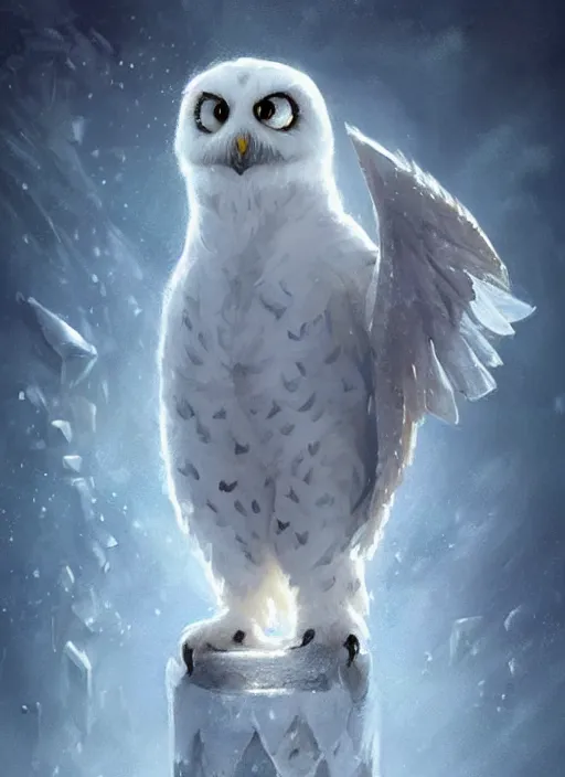 Image similar to cute little anthropomorphic snowy owl poet wearing forgotten crystal, tiny, small, miniature animal, baby animal, short, pale blue armor, cute and adorable, pretty, beautiful, DnD character art portrait, matte fantasy painting, DeviantArt Artstation, by Jason Felix by Steve Argyle by Tyler Jacobson by Peter Mohrbacher, cinematic lighting