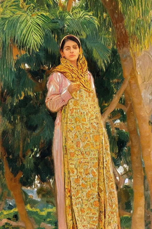 Image similar to a bakhtiari girl with golden detailed scarf set on a detailed persian carpet, tree palms in background, painting by john singer sargent