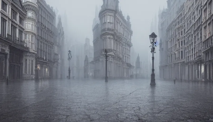 Image similar to empty streets od neo - gothic brussels in fog, wet ground, hyperdetailed, artstation, cgsociety, 8 k