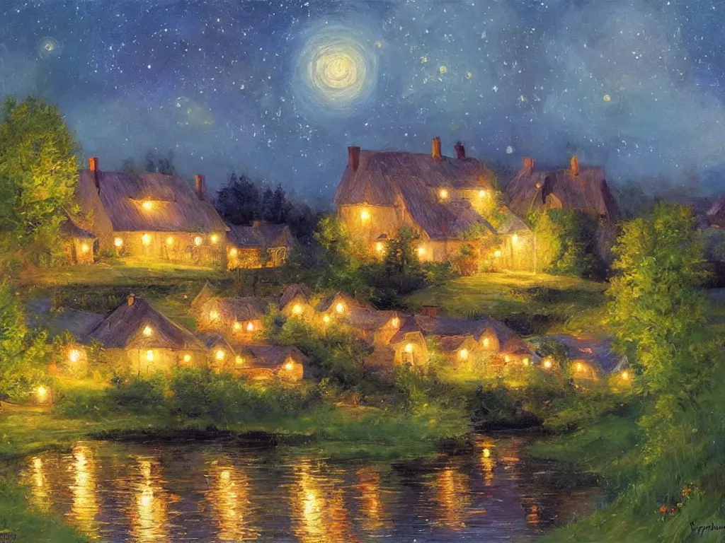 Image similar to A starry night in the swedish countryside, painting by Vladimir Volegov