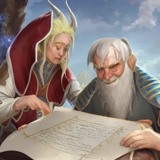 Image similar to a sea elf trying to get an incredibly sweaty commander to sign a piece of parchment fantasy 4k