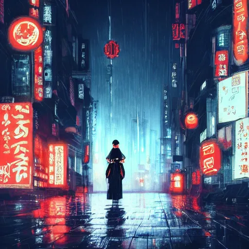 Prompt: geisha in a cyberpunk rainy city at night with a torii in the background, high quality, high detail, 4K, UHD, trending on ArtStation, blade runner vibes, ghost in the shell