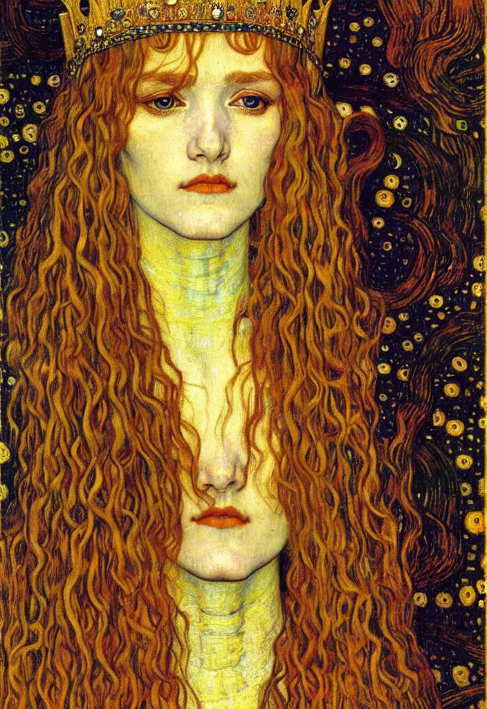 Image similar to detailed realistic beautiful young medieval queen face portrait by jean delville, gustav klimt and vincent van gogh, art nouveau, symbolist, visionary, gothic, pre - raphaelite, muted earthy colors, desaturated