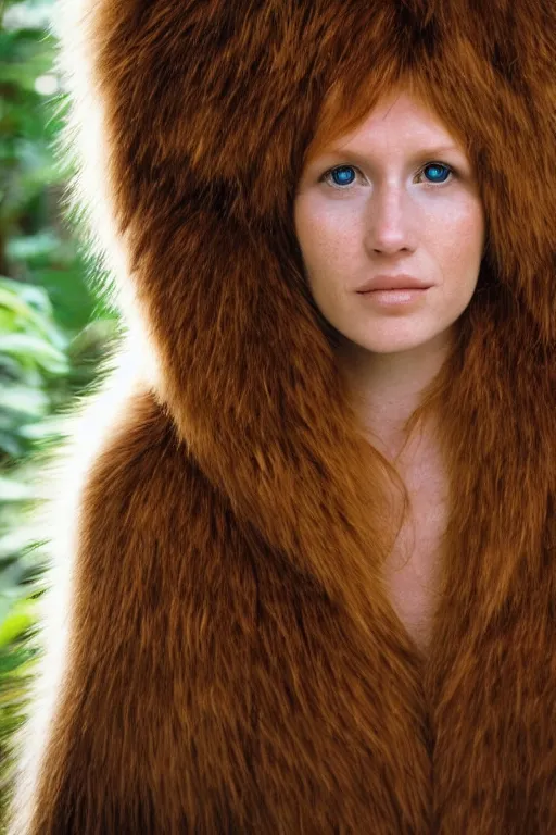 Image similar to a professional portrait photo of a neanderthal woman in the tropical jungles, ginger hair and fur, extremely high fidelity, natural lighting, national geographic magazine cover.