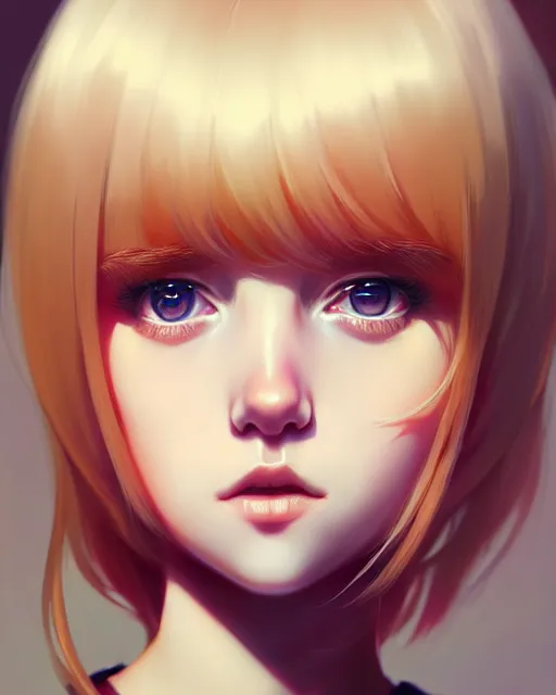 Image similar to really cool up close portrait of a beautiful blonde english emo girl in tshirt, by saruei and guweiz and ilya kuvshinov and rockwell and warhol and range murata!!, magic art, sleek curves, intricate sharp focus, trending on artstation hq, deviantart, pinterest, unreal engine 5, 4 k uhd image