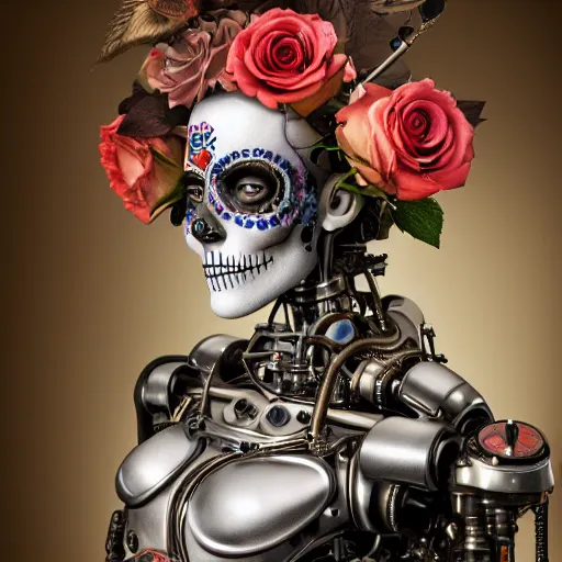 Image similar to a beautiful intricate fine art portrait photo of a a mechanical industrial steampunk cybernetic robot with sugar skull makeup, by tom bagshaw and zach sutton, roses surrounding the robot, perfection!, milk bath photography, studio lighting, 35mm lens, very detailed, bionic, cybernetic scifi, deep depth of field, artstation, 8K, highly coherent