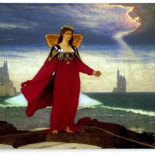 Image similar to Angels falling from the sky, jester leaving the castle through the bridge, thunderstorm, beach ocean on the background major arcana sky, by paul delaroche, alphonse mucha and arnold böcklin arnold böcklin hyperrealistic 8k, very detailed