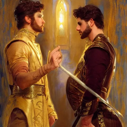 Image similar to attractive fully clothed king confesses his love for his attractive fully clothed male prince. highly detailed painting by gaston bussiere, craig mullins, j. c. leyendecker 8 k