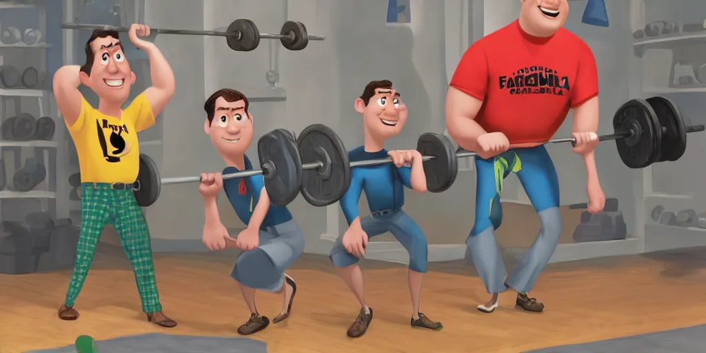 Image similar to Pixar movie art of Will Ferrell lifting weights