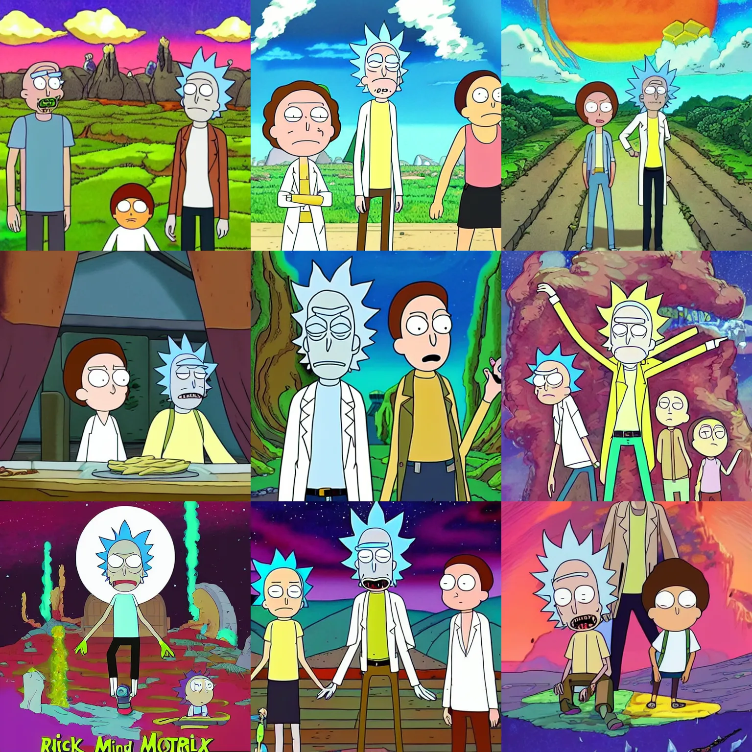 Prompt: rick and morty in the style of studio ghibli, anime, sci - fi