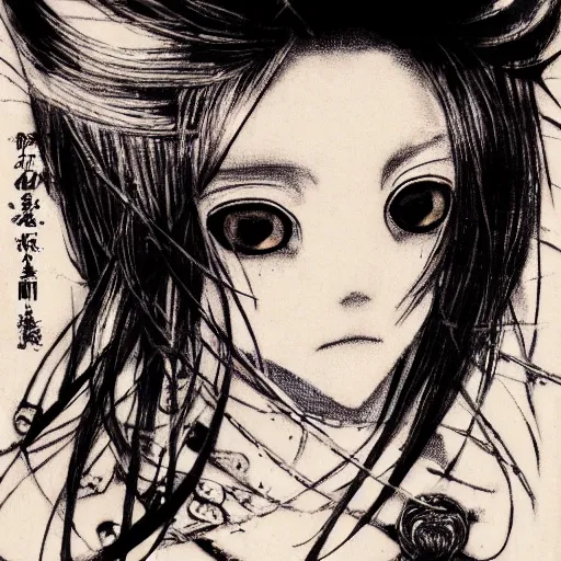 Prompt: yoshitaka amano blurred and dreamy illustration of an anime girl with black eyes, wavy white hair fluttering in the wind and cracks on her face wearing elden ring armor with engraving, abstract black and white patterns on the background, noisy film grain effect, highly detailed, renaissance oil painting, weird portrait angle, three quarter view, head turned to the side