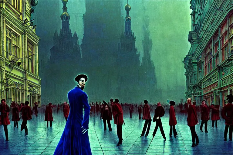 Image similar to realistic detailed photorealistic film portrait shot of a single skeleton wearing crimson velvet blazer in a crowded futuristic moscow street by Denis Villeneuve, Amano, Yves Tanguy, Alphonse Mucha, Ernst Haeckel, Andrei Tarkovsky, Edward Robert Hughes, Roger Dean, rich moody colours, wide angle, blue eyes