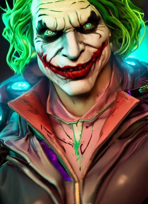 Prompt: glowwave portrait of the joker from borderlands 3, hyper detailed, digital art, trending in artstation, cinematic lighting, studio quality, smooth render, unreal engine 5 rendered, octane rendered, art style by heri irawan and wlop