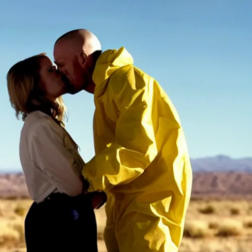 Image similar to a still from breaking bad of Jesse Pinkman kissing Walter White, close-up, highly detailed skin