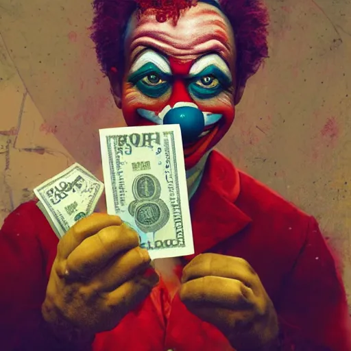 Image similar to A clown holding a dollar banknote, background is a slum, artstation, cgsociety, masterpiece