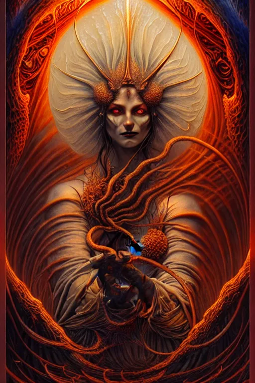 Image similar to A beautiful detailed tarot card, by tomasz alen kopera and Justin Gerard, symmetrical features, ominous, magical realism, texture, intricate, ornate, royally decorated, whirling smoke, embers, red adornements, red torn fabric, radiant colors, fantasy, trending on artstation, volumetric lighting, micro details, 3d sculpture, ray tracing, 8k, anaglyph effect