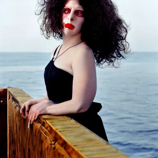 Image similar to a woman looking sick and leaning over the railing of a ship, a beautiful english woman with a long face narrow nose pale skin blue eyes red lips and wild messy tangles of curly white blonde hair, high resolution film still wearing a black robe and skull necklace and holding a spear, sandy, a journey to the west