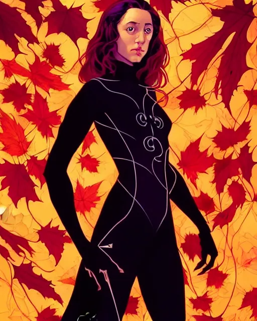 Prompt: beautiful stella maeve magician, black magic spells, in the style of joshua middleton, rafeal albuquerque comicbook cover art, phil noto, creepy pose, spooky, symmetrical face and body, cinematic lighting, detailed realistic symmetrical eyes, insanely detailed and intricate elegant, autumn leaves