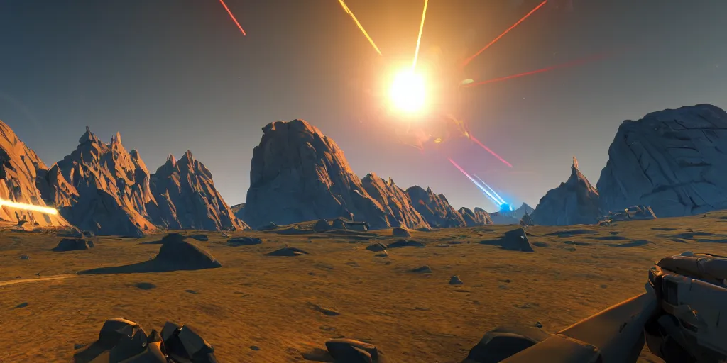 Image similar to screenshot of battlezone, videogame, vector, large mountains visible, axure sky, neon glow, lens flare