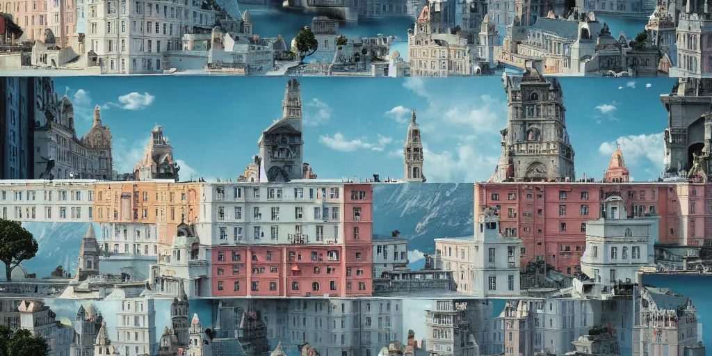 Prompt: a very high resolution image from a new movie, upside - down building, mirror, beautiful scenery, photorealistic, photography, directed by wes anderson