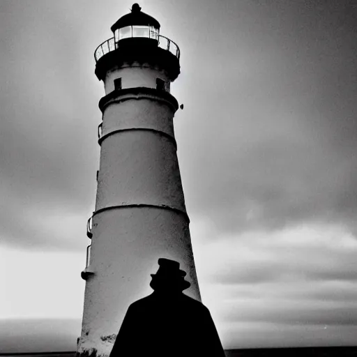 Prompt: Live Action Still of Jerma985 in a film as a Lighthouse Keeper with an overcoat, hat, and beard, black and white, hyperrealistic, ultra realistic, realistic, highly detailed, epic, HD quality, 8k resolution, body and headshot, film still