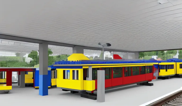 Image similar to Legoland train station interior platform, architectural render