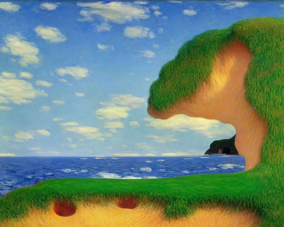 Prompt: achingly beautiful painting of pacific dunes hole 1 3 by rene magritte, monet, and turner.