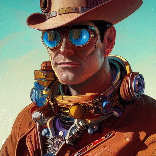 Prompt: a head and shoulders portrait of a space cowboy, neon, retro, steampunk, smooth, sharp focus, intricate, artstation, detailed concept art by Rutkowski and Mucha and sky sewa and Marc Simonetti