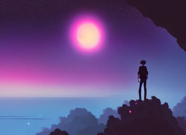 Prompt: dark silhuette of a man standing on a gray dull cliff looking out into a colorful cosmos, clouds, stars, rings, beautiful lighting, vivid colors, intricate, elegant, cgsociety, artstation trending, makoto shinkai art style