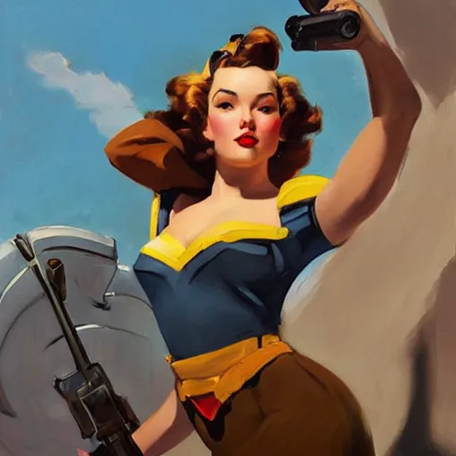 Image similar to greg manchess portrait painting of 1 9 4 0's pinup as overwatch's characters, medium shot, asymmetrical, profile picture, organic painting, sunny day, matte painting, bold shapes, hard edges, street art, trending on artstation, by huang guangjian and gil elvgren and sachin teng