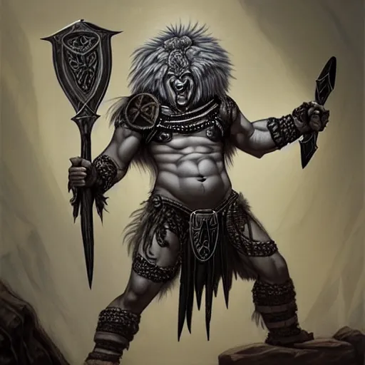 Image similar to “ painting by brom of large gray skinned humanoid with black geometric tattoos, smirking, holding a battle axe, bare chest, fur loin cloth, fur boots, potions and pouches strapped to belt, worn leather backpack, scars and scratches on skin ” artstation, highly detailed, “ dungeons & dragons ” dnd d & d,