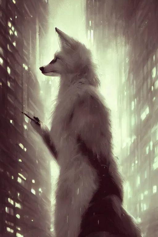 Image similar to beautiful portrait of a tall white female anthro fox smoking a cigarette while standing head and shoulders taller than the bustling crowd of a rainy city street, cyberpunk, harsh neon lights, highly detailed, sharp focus, digital painting, illustration, trending on artstation, art by sakimichan, wlop, greg rutkowski