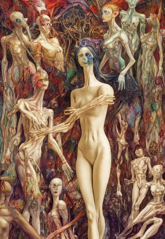 Prompt: simplicity, colorful muscular eldritch mannequins dolls radiating town fractal, white bones, colorful gems, by h. r. giger and esao andrews and maria sibylla merian eugene delacroix, gustave dore, thomas moran, pop art, chiaroscuro, biopunk, art nouveau