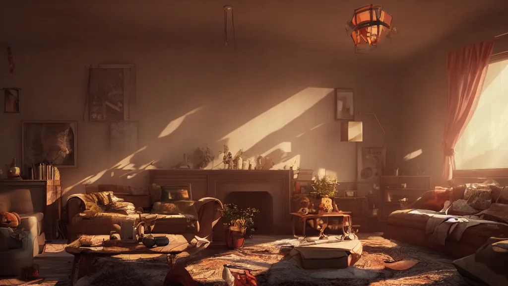 Image similar to a photorealistic hyperrealistic render of an interior of a beautifully decorated cozy living room by pixar, greg rutkowski, wlop, artgerm, dramatic moody sunset lighting, long shadows, volumetric, cinematic atmosphere, octane render, artstation, 8 k