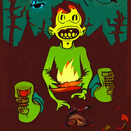 Image similar to spooky boy lit by campfire, illustration in the style of Jamie Hewlett, bold colors