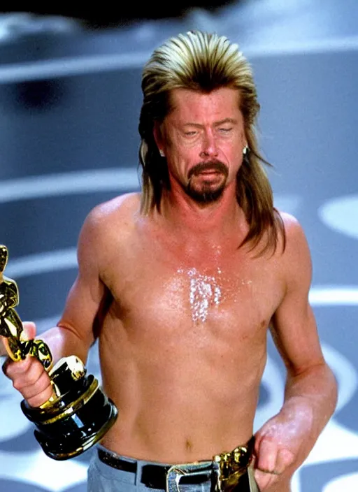 Prompt: a hyper realistic ultra realistic photograph of Joe Dirt winning an oscar, highly detailed